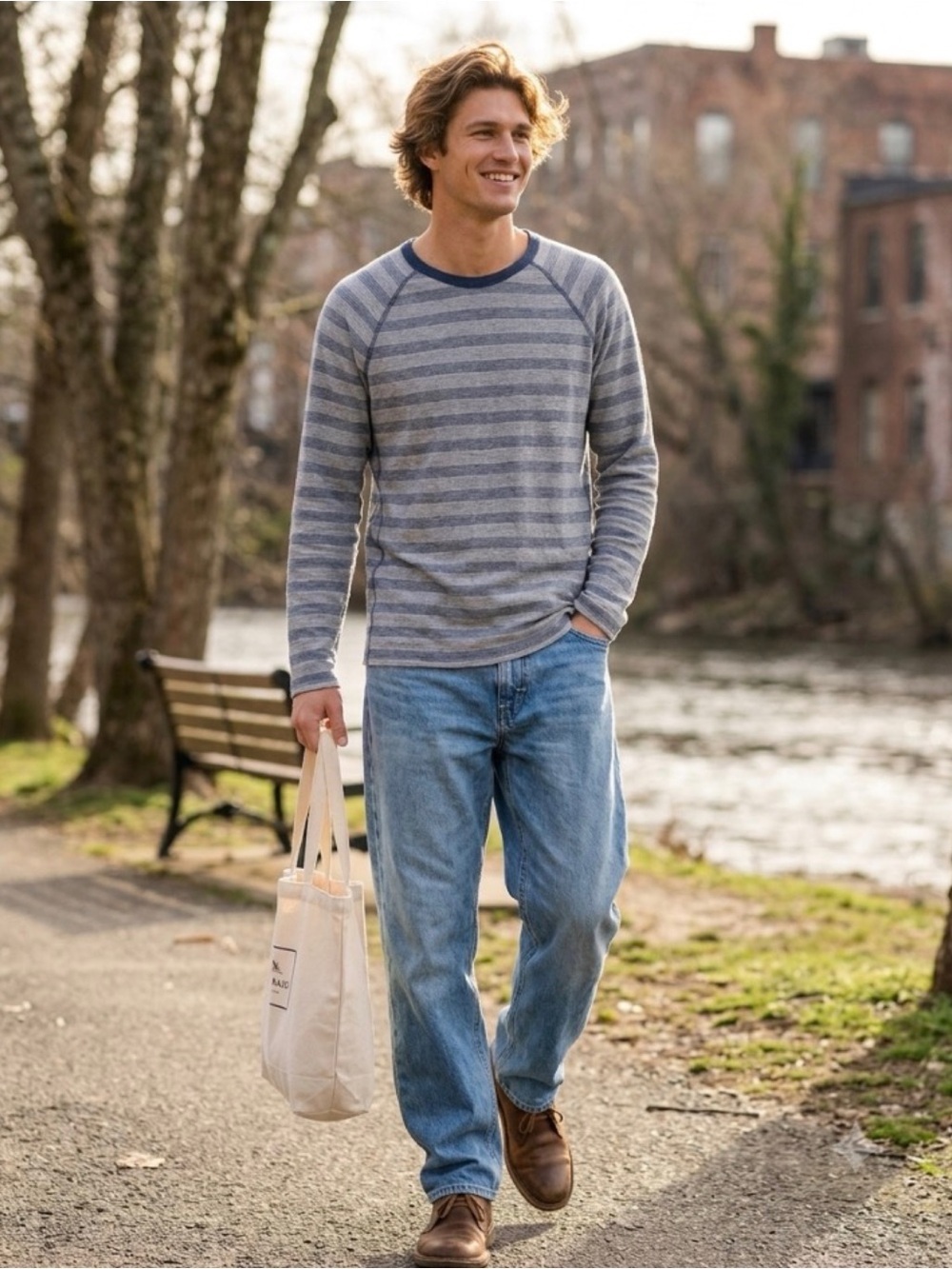 Billy Reid  Raglan Gray Blue Stripe Raglan Long-Sleeve Crew Neck Preppy Shirt L